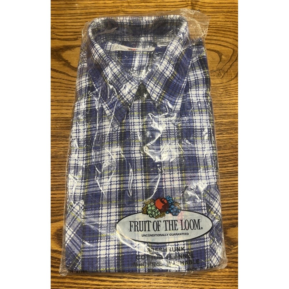 Vtg Fruit Of The Loom Large Preshrunk Cotton Flannel Blue White Yellow NEW 21169